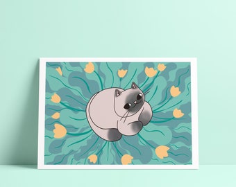 Whimsical Rag Doll Cat Among Tulips Art Print | Loaf Potion Style | Eco-Friendly A4 Size #actuallyhandmade