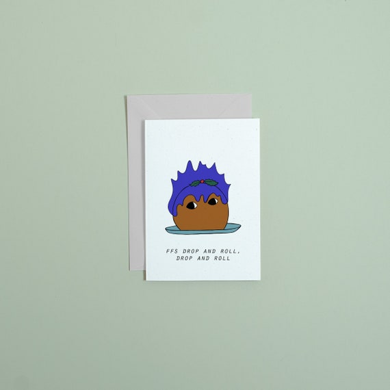 Christmas pudding on fire Xmas card, argh! drop and roll Christmas pudding, eco friendly A6 card by Rock Covers Paper