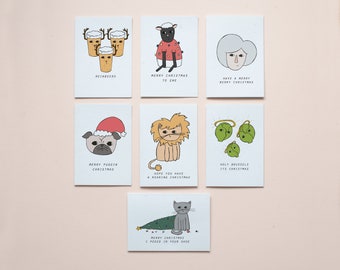 Christmas card bundle, mixed design card pack, punny cards, cute illustrated A6 eco friendly card by Rock cover's paper