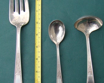 1934 ANCESTRAL 3 Serving Pieces 1847 Rogers Bros Silver Plate Flatware  Meat Fork Ladle Sugar