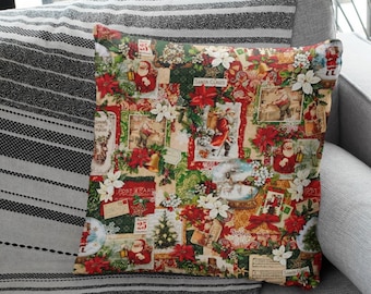 May include: A square Christmas-themed pillow with a collage of festive images, including Santa Claus, poinsettias, and Christmas trees. The pillow is resting on a gray sofa next to a striped blanket.