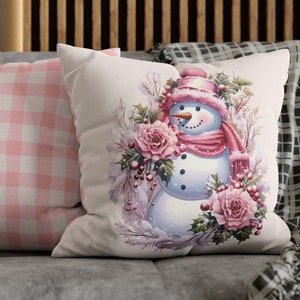 Pink Christmas Snowman Pillow Cover | Square Holiday Pillow Case | Decorative Pillow Case | Two-Sided Designer Pillow Sham