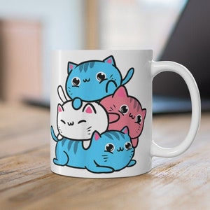 Cute Kawaii Cats Mug | Trans Pride Flag | Transgender Ally | Pride Merch 11oz White Coffee Cup