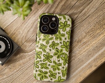 Retro Aesthetic Phone Case | Groovy Cell Phone Case | Whimsical Phone Cover | Artistic Phone Case  | Green Tough Cases for Smart Phones