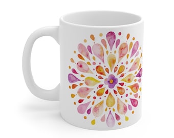Mandala Mug | 11oz Watercolor Floral Coffee Cup |
