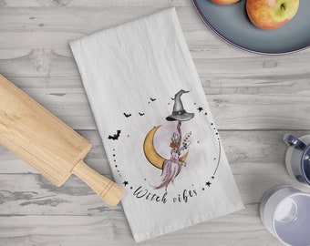 Witch Vibes | Flour Sack Tea Towel | Autumn Hand Towel | Easy Halloween Decor | Fall Kitchen Dish Towel | Housewarming Gift | Autumn Decor