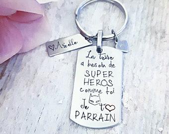 Cadeau parrain, Parrain Super Héros, Meilleur parrain, Personnalisé, Neveu, Nièce, Merci parrain, Souvenir parrain,  Porte-clés parrain, HTC