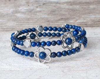 Bracelet Lapis Lazuli, bleu, bijou Lapis Lazuli, bracelet pierres naturelles, bracelet avec fleurs, qualité, bracelet femme,HeleneTrottier
