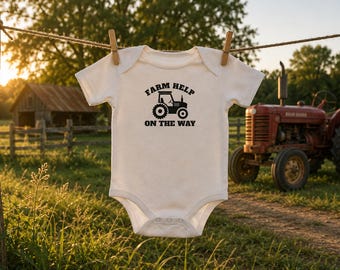 Organic Cotton Baby Bodysuit, Farm Help On The Way Tractor Design