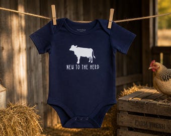 Organic Cotton Baby Bodysuit, New To The Herd Design, Farm Baby Apparel