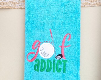 Embroidered Tri-Fold Golf Towel with clip, Golf Addict Design, Cotton Terry Velour