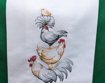 Stacked Chickens Embroidered Kitchen Towel - Cotton