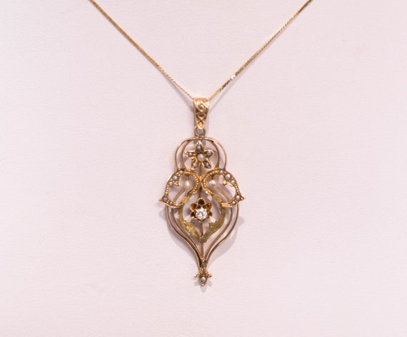 14k Vintage Diamond and Pearl Pendant - image 4