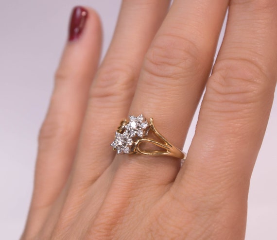 14k Double Flower Diamond Ring - image 2