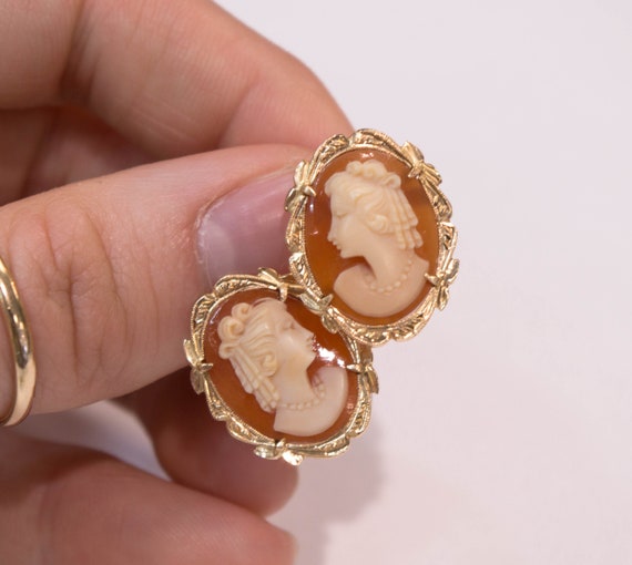 14k Hand-Carved Cameo Earrings - image 1