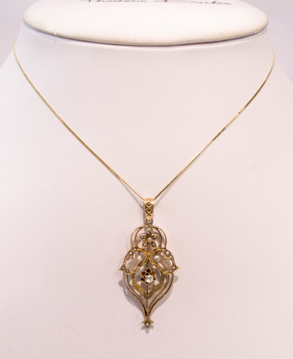 14k Vintage Diamond and Pearl Pendant - image 5