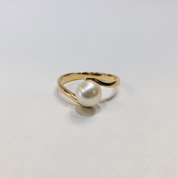 RÉDUIT ! Bague de fiançailles or jaune en 14k Solitaire perle Bypass