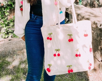 Cherry Pom Pom Tote Bag