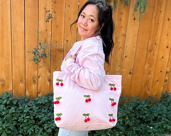 Pink Cherry Pom Pom Tote Bag