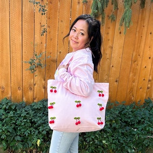 Pink Cherry Pom Pom Tote Bag