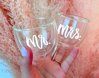 Set of 2 Custom Espresso Mugs | Double Wall Glass | Hand Lettered | 4oz | Wedding Gift | Clear Glass