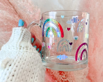 Rainbow Cloud Heart Mug | Clear | Glass | Holographic Glitter