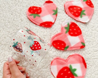 Checkered Strawberry Fleece Heart Coasters - Set of 4