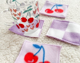 Checkered Cherry Fleece Coasters - Set of 4