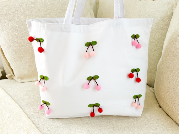 Pink & Red Cherry Pom Pom Tote Bag - Etsy