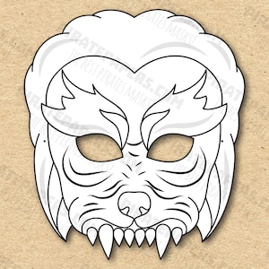 Werewolf Mask Printable Coloring, Paper DIY For Kids And Adults. PDF Template. Instant Download. For Birthdays, Halloween, Party, Costumes.