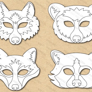 Waldtiere Masken druckbare Färbung, Wolf, Fuchs, Bär, Waschbär, Papier DIY für Kinder und Erwachsene. PDF Vorlage. Sofortdownload.