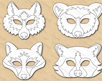 Woodland Forest Animals Masks Printable Coloring, Wolf, Fox, Bear, Raccoon, Paper DIY For Kids And Adults. PDF Template. Instant Download.