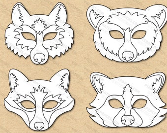 Woodland Forest Animals Masks Printable Coloring, Wolf, Fox, Bear, Raccoon, Paper DIY For Kids And Adults. PDF Template. Instant Download.