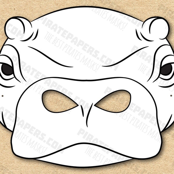 Coloration imprimable de masque d'hippopotame, bricolage de papier pour des enfants et des adultes. Modèle PDF. Téléchargement instantané. Pour les anniversaires, Halloween, fête, costumes.