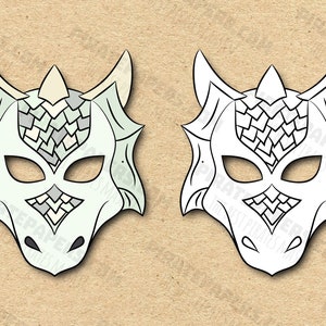 White Dragon Masks Printable Color + Coloring, Paper DIY For Kids And Adults. PDF Template. Instant Download. For Birthdays, Halloween.