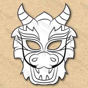 Maschera del drago cinese da colorare stampabile, carta fai da te per bambini e adulti. Modello PDF. Download istantaneo. Per compleanni, Halloween, feste.