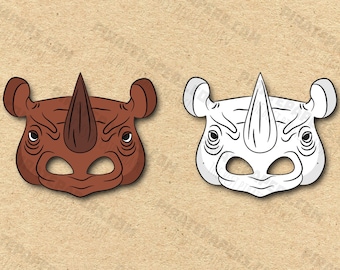 Rhino Masks Printable Color + Coloring, Paper DIY For Kids And Adults. PDF Template. Instant Download. For Birthdays, Halloween, Costumes.