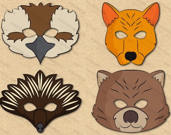 Australian animals 2 Masks Printable, Kookaburra, Dingo, Echidna, Wombat. Paper DIY Kids Adults PDF Template Download. Halloween, Birthdays.