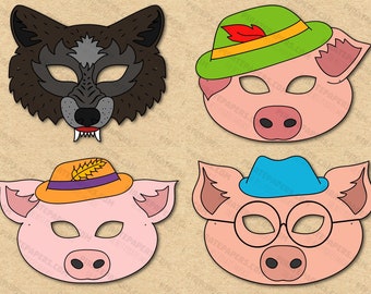 The Three Little Pigs, Big Bad Wolf Printable Mask Set, Paper DIY For Kids And Adults. PDF Template. Instant Download. Birthday, Halloween.