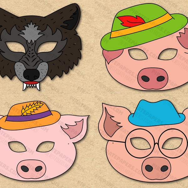 Les trois petits cochons, ensemble de masques imprimables le grand méchant loup, bricolage en papier pour enfants et adultes. Modèle PDF. Téléchargement instantané. Anniversaire, Halloween.