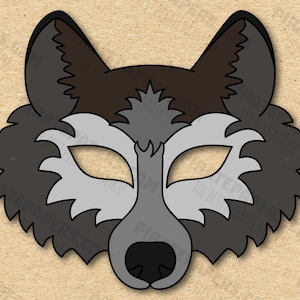 Máscara de lobo para impressão, fantasia de lobo, máscara de animal, máscaras de lobo cinza, máscara infantil, máscara de lobo, Halloween de lobo.