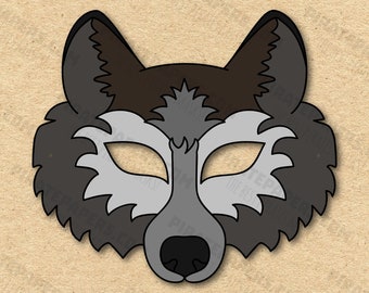Masque de loup imprimable Costume de loup Masque animal Masques de loup gris Masque pour enfants Mascarade de loup Halloween.
