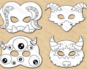 Monster Masks Printable Coloring, Paper DIY For Kids And Adults. PDF Template. Instant Download. Halloween, Birthdays, Costumes.