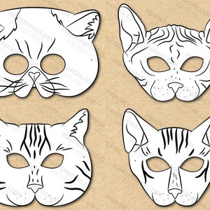 Cat Breeds 2 Masks Printable Coloring, American Shorthair Cat, Oriental Cat, Exotic Shorthair Cat, Sphynx Cat, Paper DIY Template Halloween