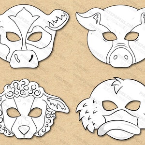 Farm And Barnyard Animals 4 Masks Printable Coloring, Sheep, Goose, Cow, Pig, Paper DIY Kids Adults Template Download. Halloween, Birthdays.