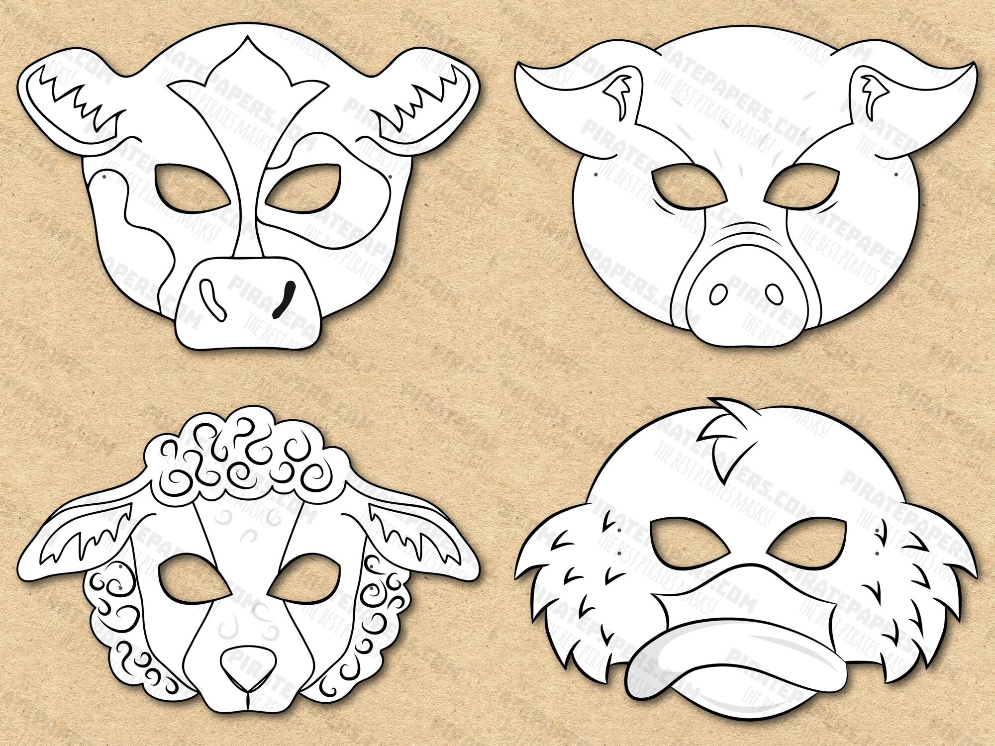 Farm and Barnyard Animals 4 Masks Printable Coloring, Sheep, Goose, Cow, Pig, Paper DIY Kids Adults Template Download. Halloween, Birthdays. - Etsy for Free Printable Farm Animal Masks Pdf