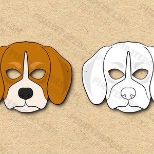 Máscaras Dog Beagle para impressão em cores + raça para colorir, papel DIY para crianças e adultos. Modelo PDF. Download instantâneo. Para aniversários, Halloween.