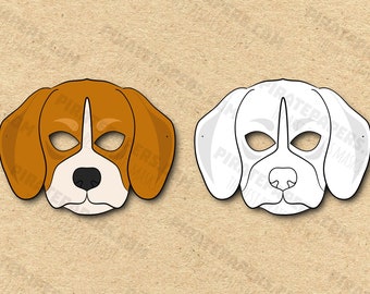 Dog Beagle Masks Printable Color + Coloring Breed, Paper DIY For Kids And Adults. PDF Template. Instant Download. For Birthdays, Halloween.
