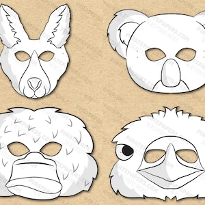 Australische Tiere Masken zum Ausmalen, Känguru, Koala, Schnabeltier, Emu. Papier DIY Kinder Erwachsene PDF Vorlage Download Halloween Geburtstage