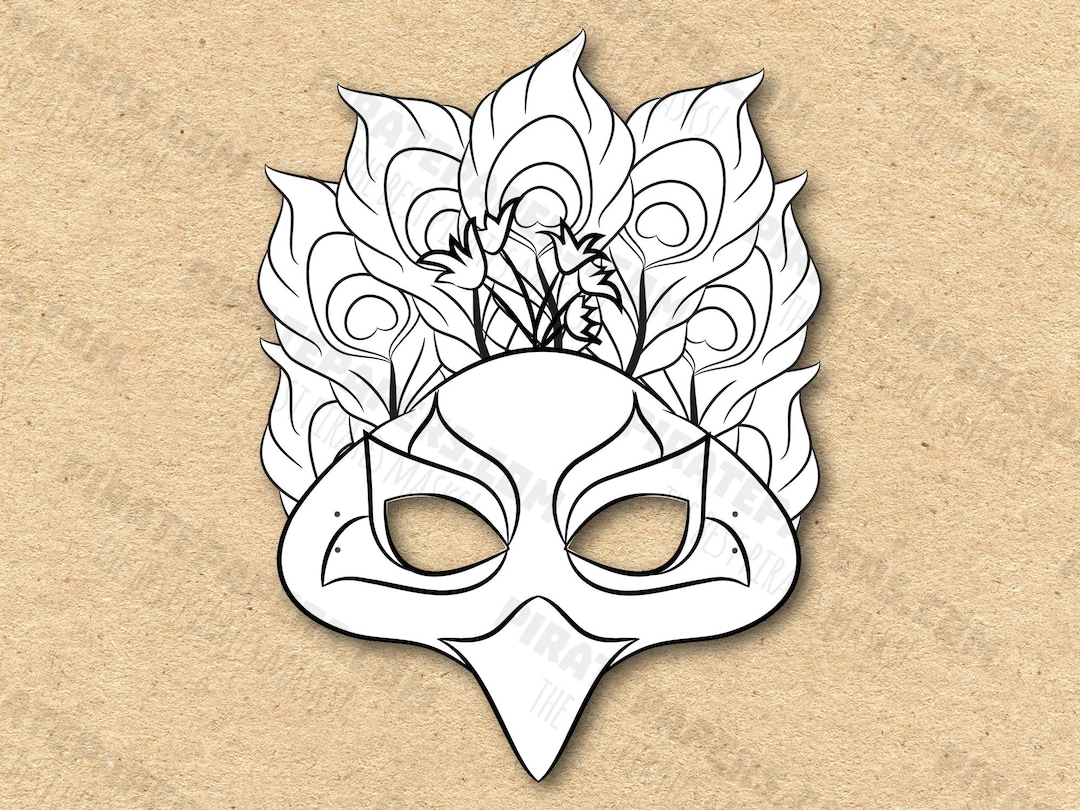 Peacock Mask Printable Coloring, Paper DIY for Kids and Adults. PDF